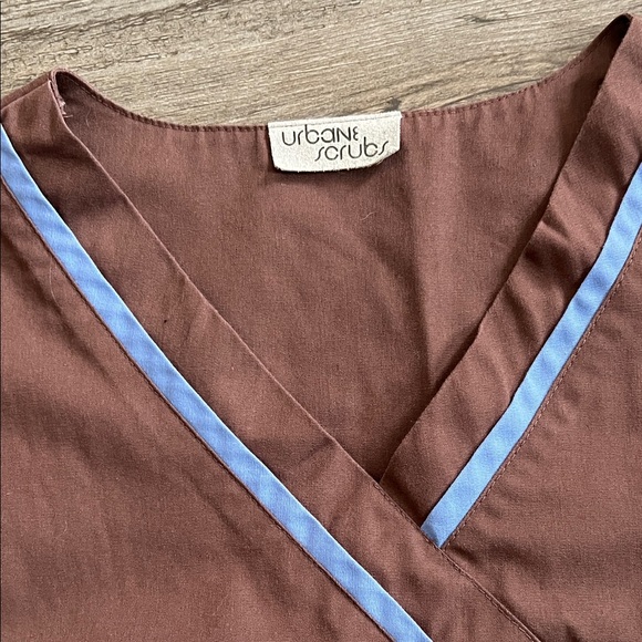 Urbane Scrubs Chocolate Brown Scrub Top with Sky Blue Accents - Picture 5 of 7